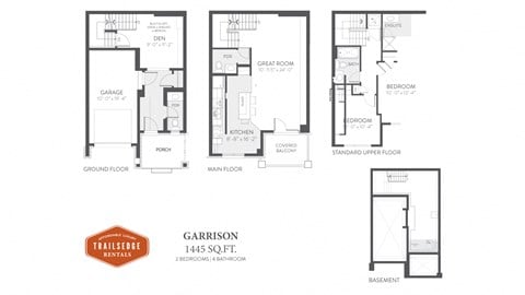 Floor plan for 2 beds, 4 baths, 1445 sqft